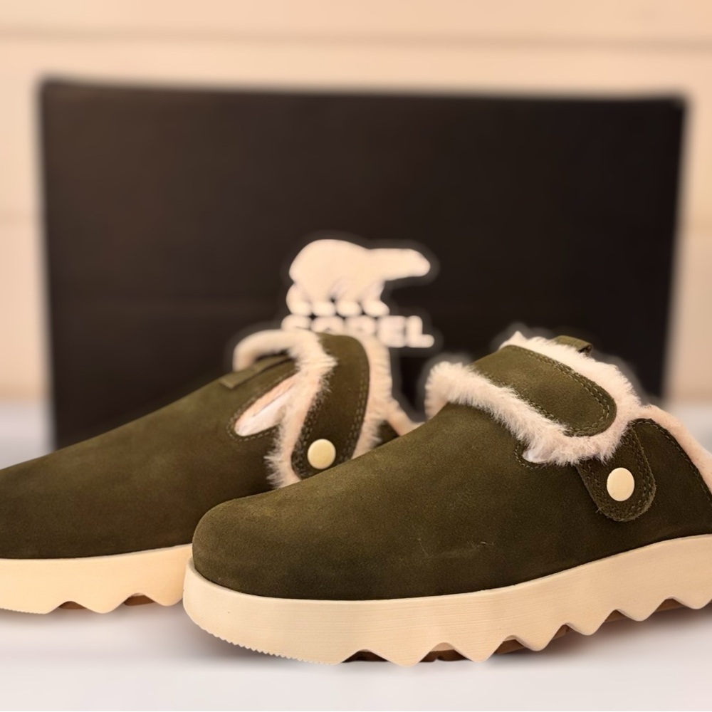 Sorel Olive Suede Slip-Ons with Fur Trim NEW IN BOX